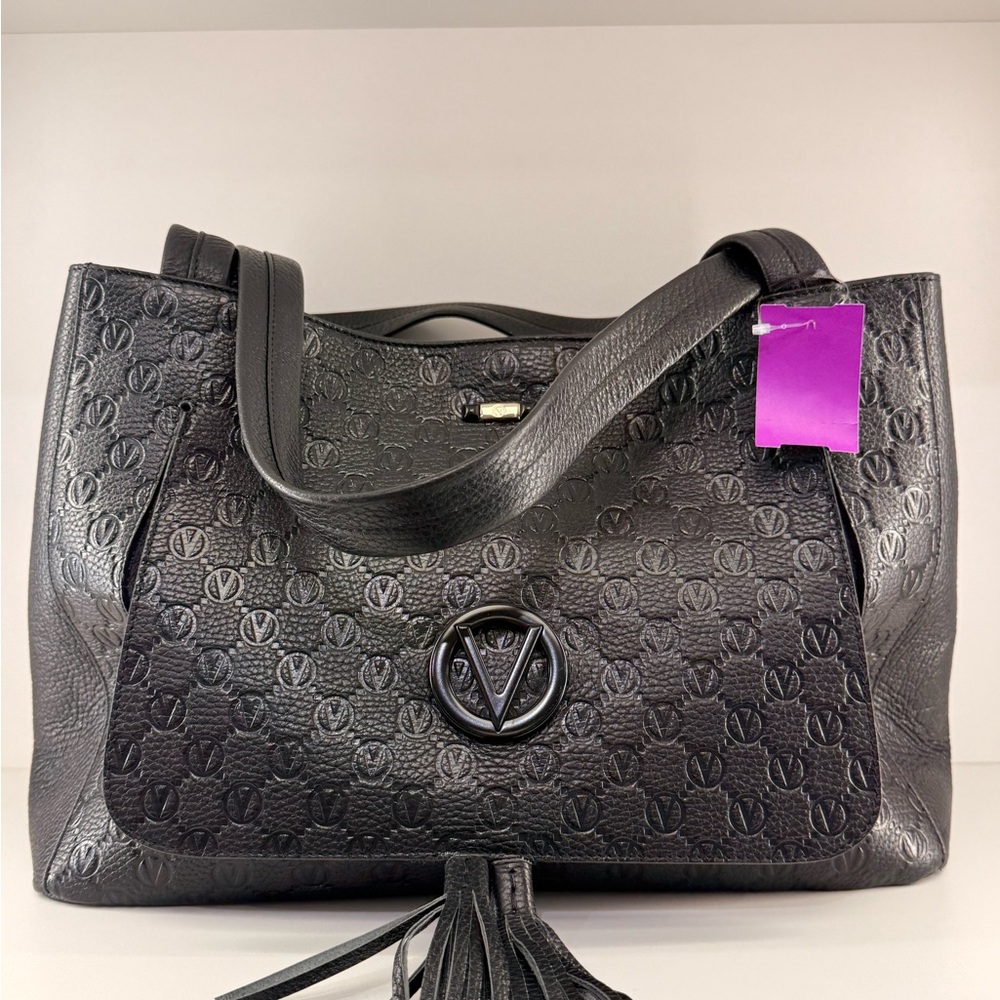 NWT Mario Valentino Black Leather Debossed Logo Embossed Shoulder Bag Satchel